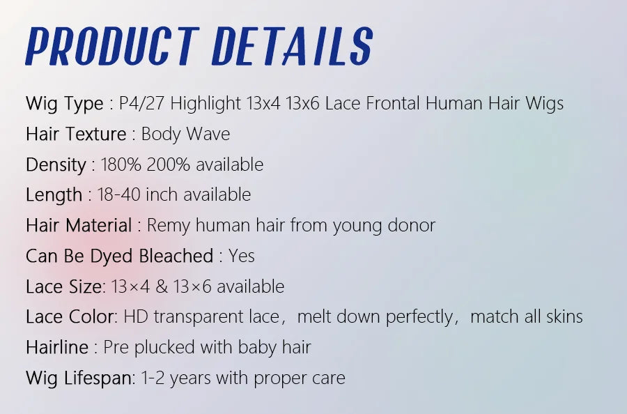 P4/27 Highlight Body Wave 40 Inch Long-length &amp; 200% High Density Human Hair Wigs HD Transparent Skin-melt Swiss Lace Frontal Wig