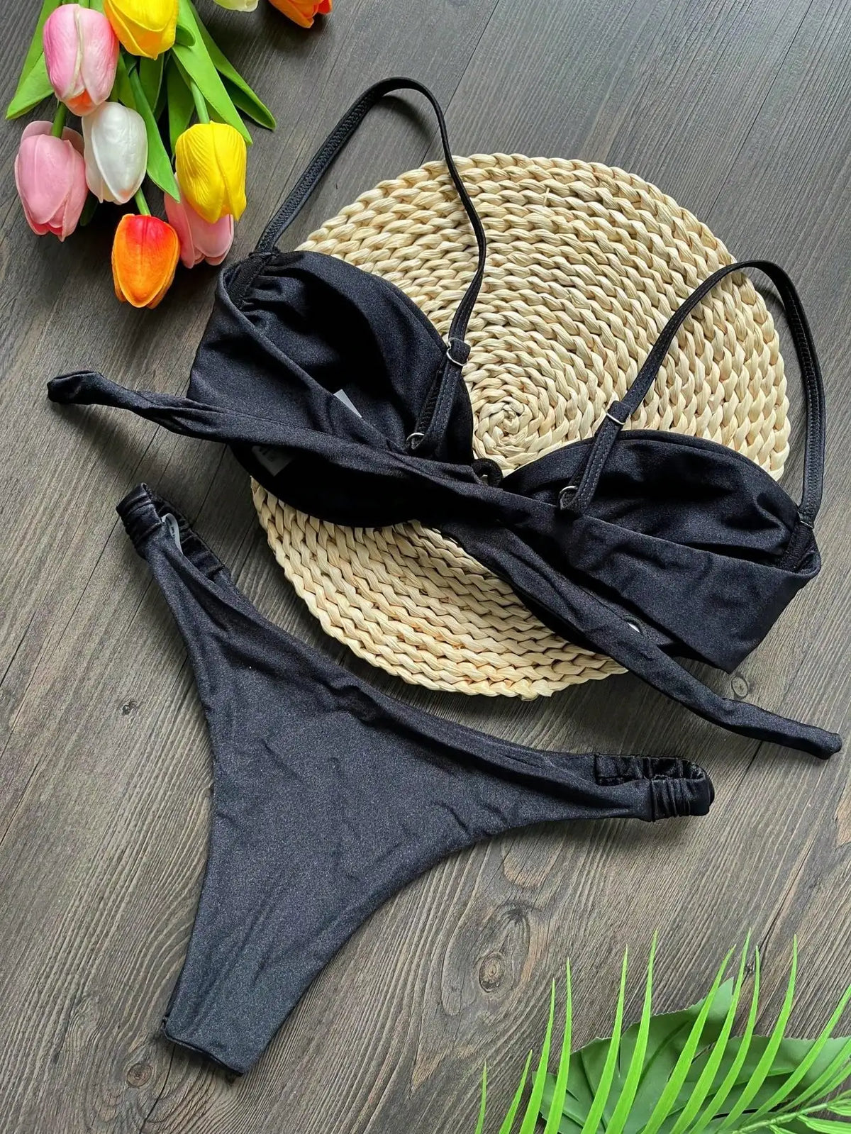 Sexy Steel bracket Solid color Bikini Set Women&