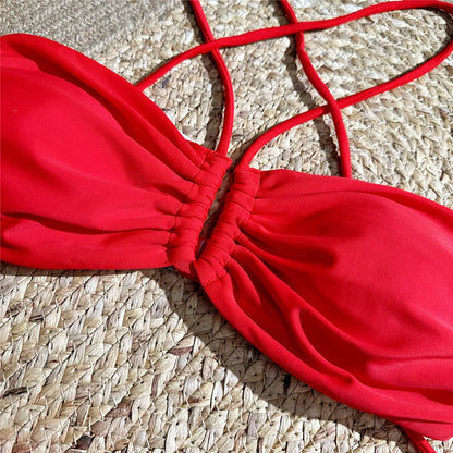 Sexy Red 3D Flower Swimwear Halter Bandeau Bikinis Sets High Wiast Swimsuit 2025 Women Ruched Bathing Suit Bikini Mujer Bather