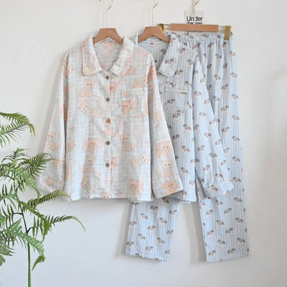 Cartoon Print Pajamas 2 Piece Long Sleeve Trousers Suit Women Soft Cotton Home Wear Summer New Sleepwear Pijamas Loungewear