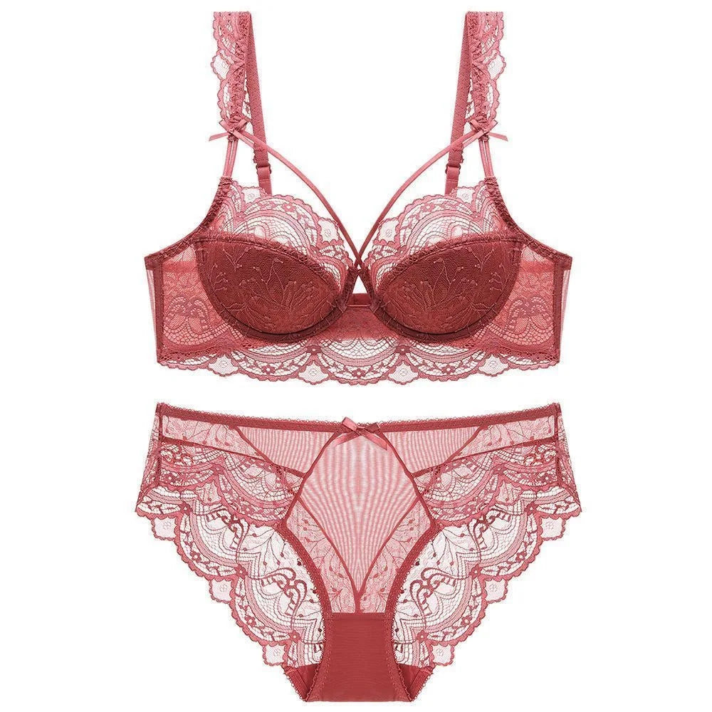 MOYISU Minimizer Bra French Lace for Large Bust, Anti Sagging Full Coverage Push Up Underwire Set, Sensuous Women Sexy Bra &amp; Set