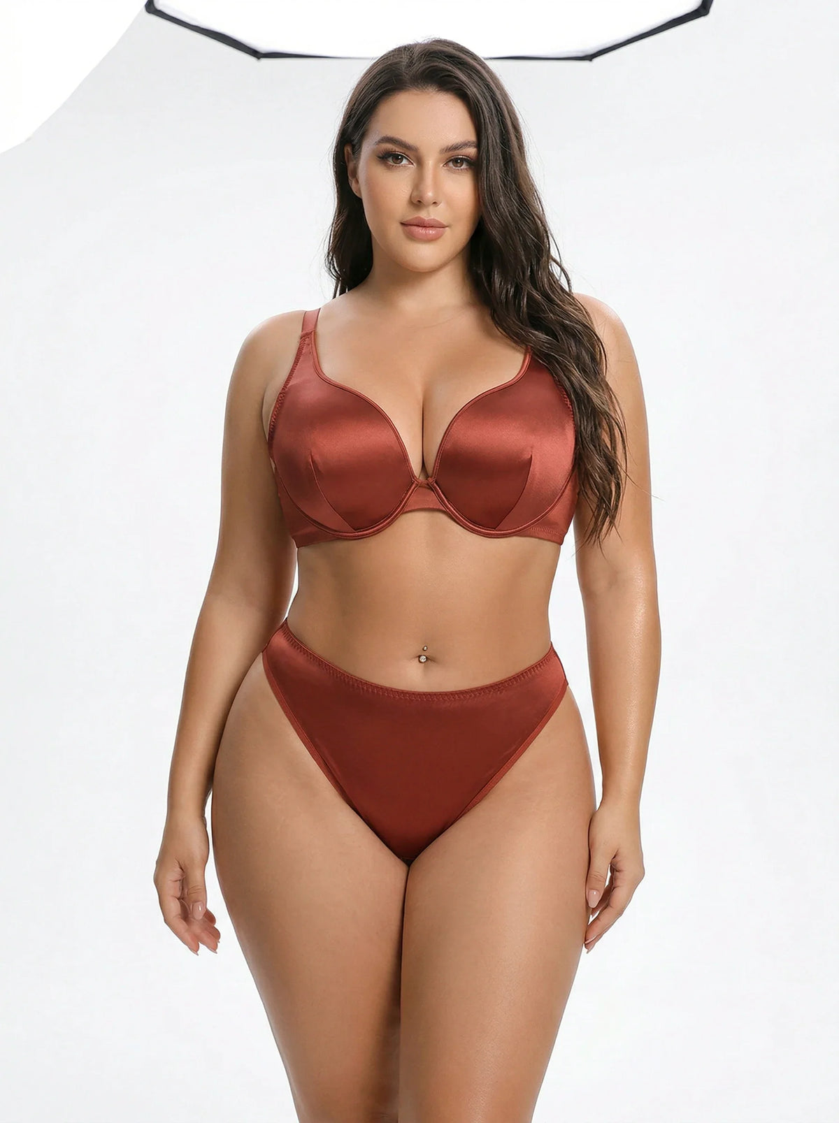 Plus Size Satin Lingerie Set Women Burnt Copper Unlined Underwire Bra and Panty Set Sexy Shiny Vacation Intimates set MR3610