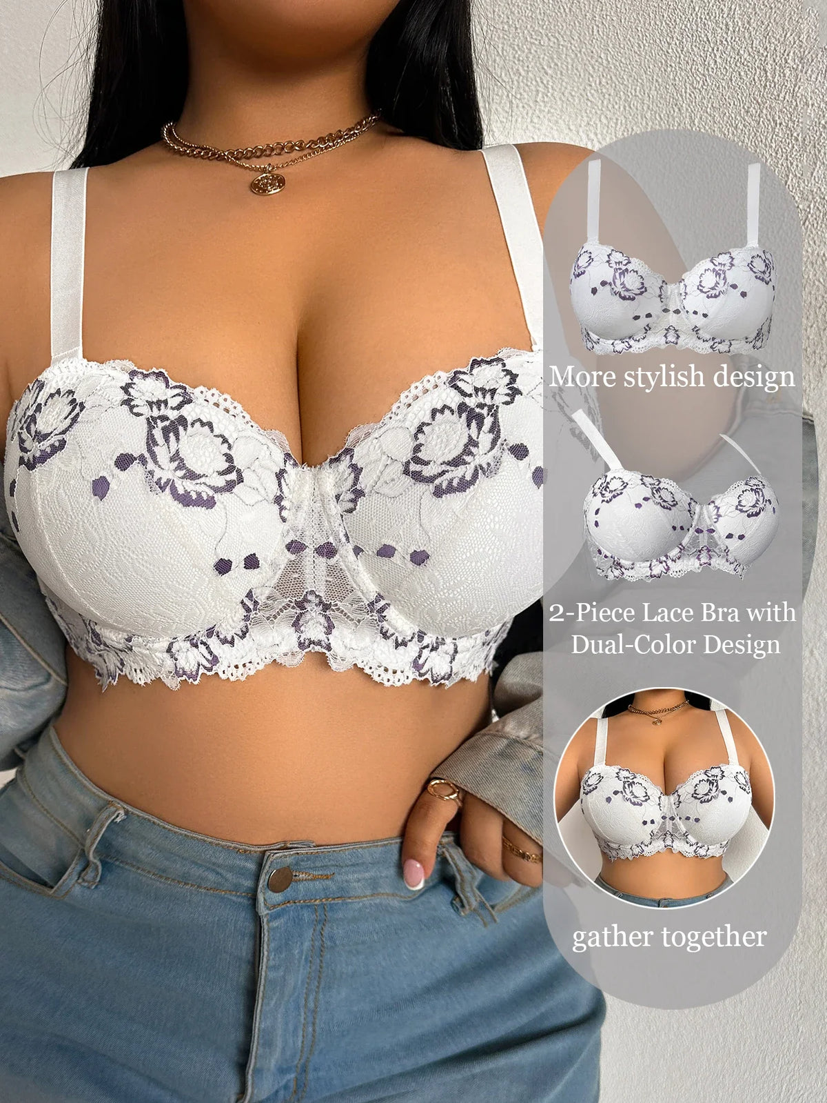 Daily Wide Strap Plus Size Women Bra Lace &amp; Embroidery Push up Bra Comfort Thin Cup Underwire Support Lingerie Bra