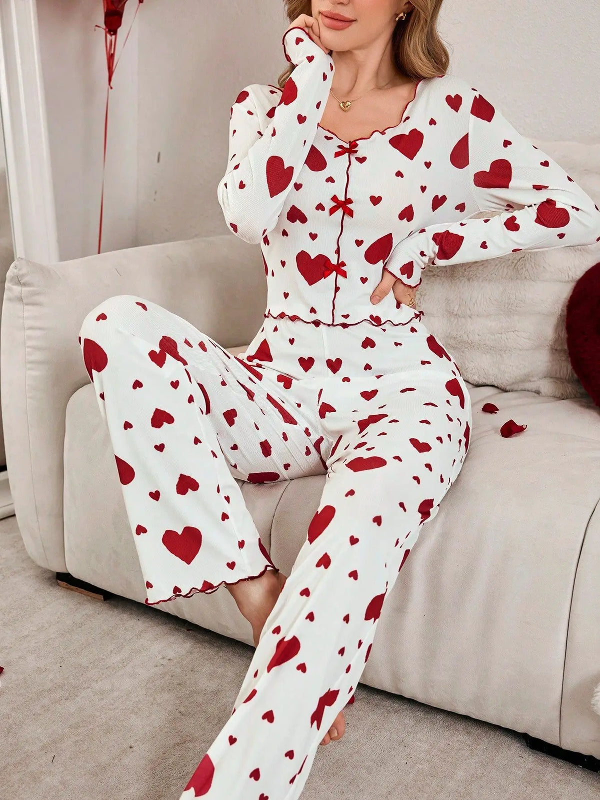 Autumn Winter 2 Pieces Pajamas Sets for Women Sleepwear Heart Print Long Sleeve Tops with Long Pants Trouser Set Pyjamas