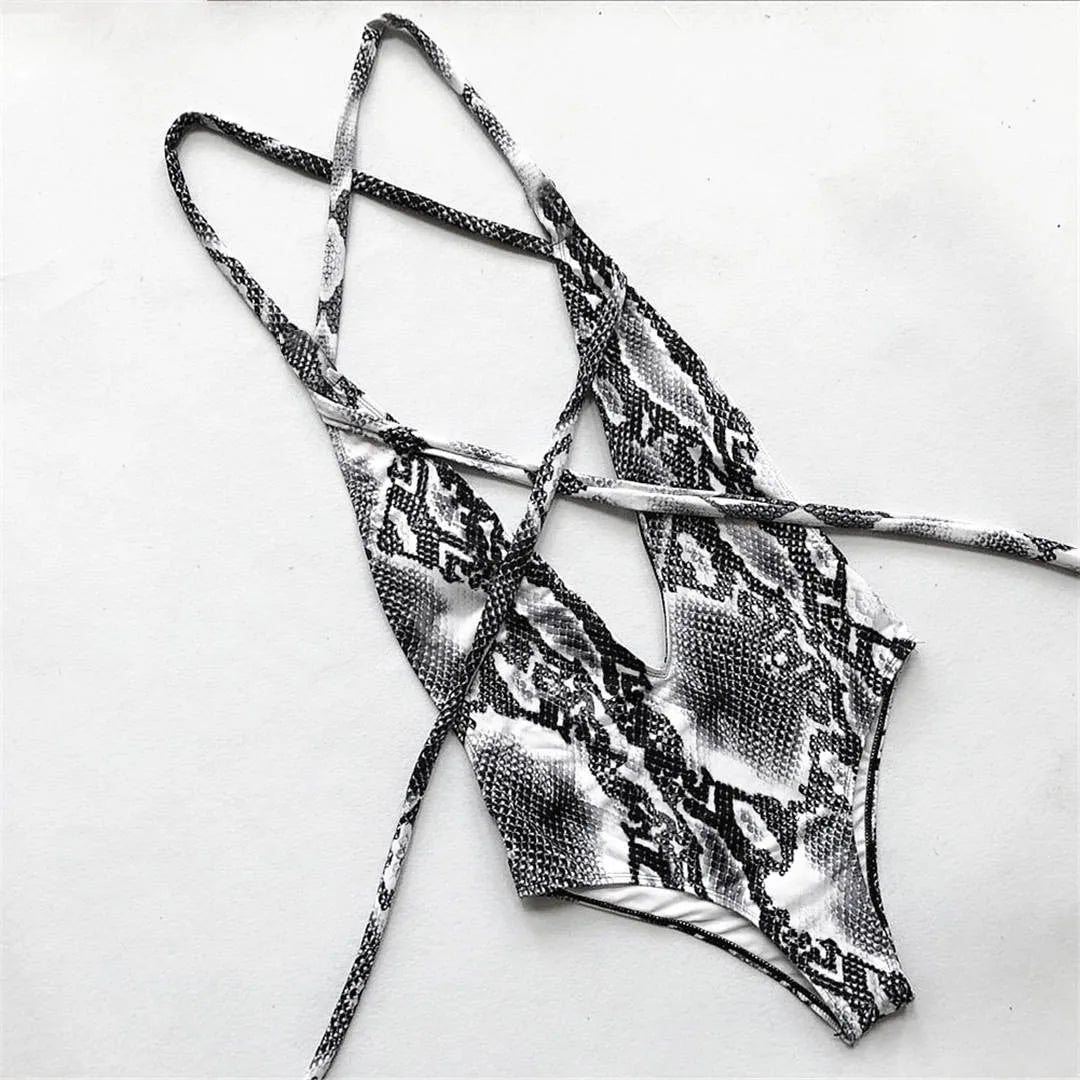 Long Strap Wrap Around Swim Suit For Women Swimwear One Piece Swimsuit Female Bather Snake Print Bathing Suit Beach V852SW
