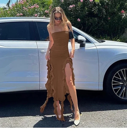 Cryptographic Irregular Ruffle Off Shoulder Sexy Backless Midi Dress for Women Elegant Birthday Vestido Summer Sundresses Ruched