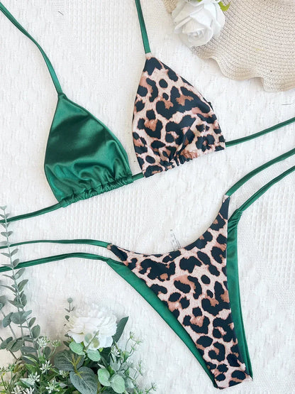 Halter Splicing Leopard Bikinis 2026 Satin Bikini Female Swimsuit Women Swimwear Two-pieces Bikini Set Micro Bathing Suit Swim
