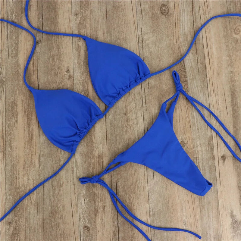 2025 Sexy Halter Solid Color Bikini Set Women&
