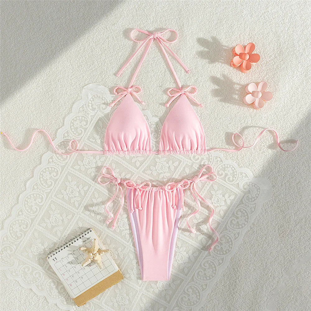 Pink Bow Swimwear String Halter Triangle Micro Bikini Thong Sexy Swimsuit Women Lace-up Wrinkled Bathing Suit Mini Bikinis Sets