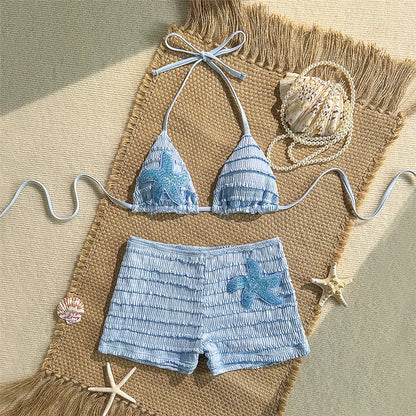 Sequin Starfish light blue Texture Swimwear Sexy Halter String Triangle Bikinis Sets Shorts Bottoms Woman Swimsuit 2026 Bikini