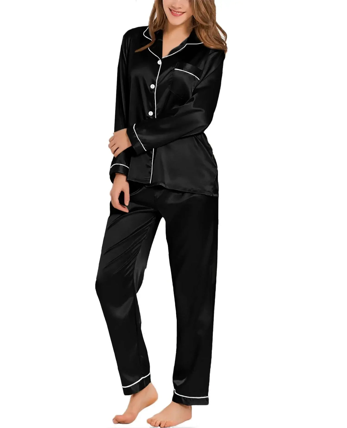 Womens Silk Satin Pajamas Loungewear Two-piece Sleepwear Button-Down Full Sleeve Long  Set