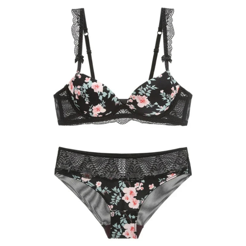 Plus Size Push-Up Bra Set Floral Print Summer Brief Set Anti Sagging Ultra-Thin Cute Girly Lingerie Set for Women Sexy Lingerie