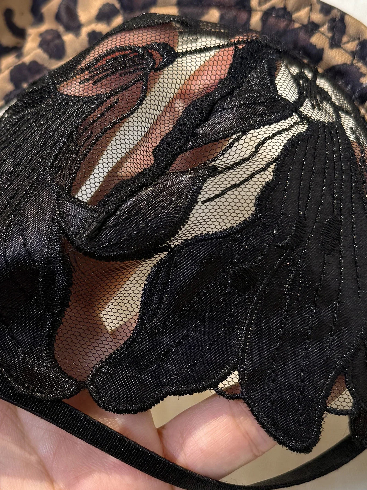 Retro leopard print patchwork floral embroidery lingerie set - Sophisticated netting 3/4 cup shaping bra thong set ZA825183
