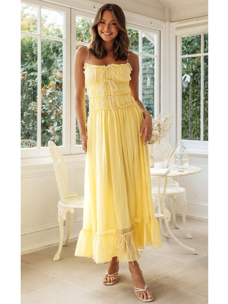 Foridol Spaghetti Strap White Sundress Flounced Edge Women&