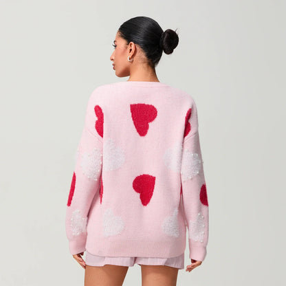 Women Spring Knitted Sweater Long Sleeve Round Neck Pearl Heart Print Knitwear Loose Pullover Tops