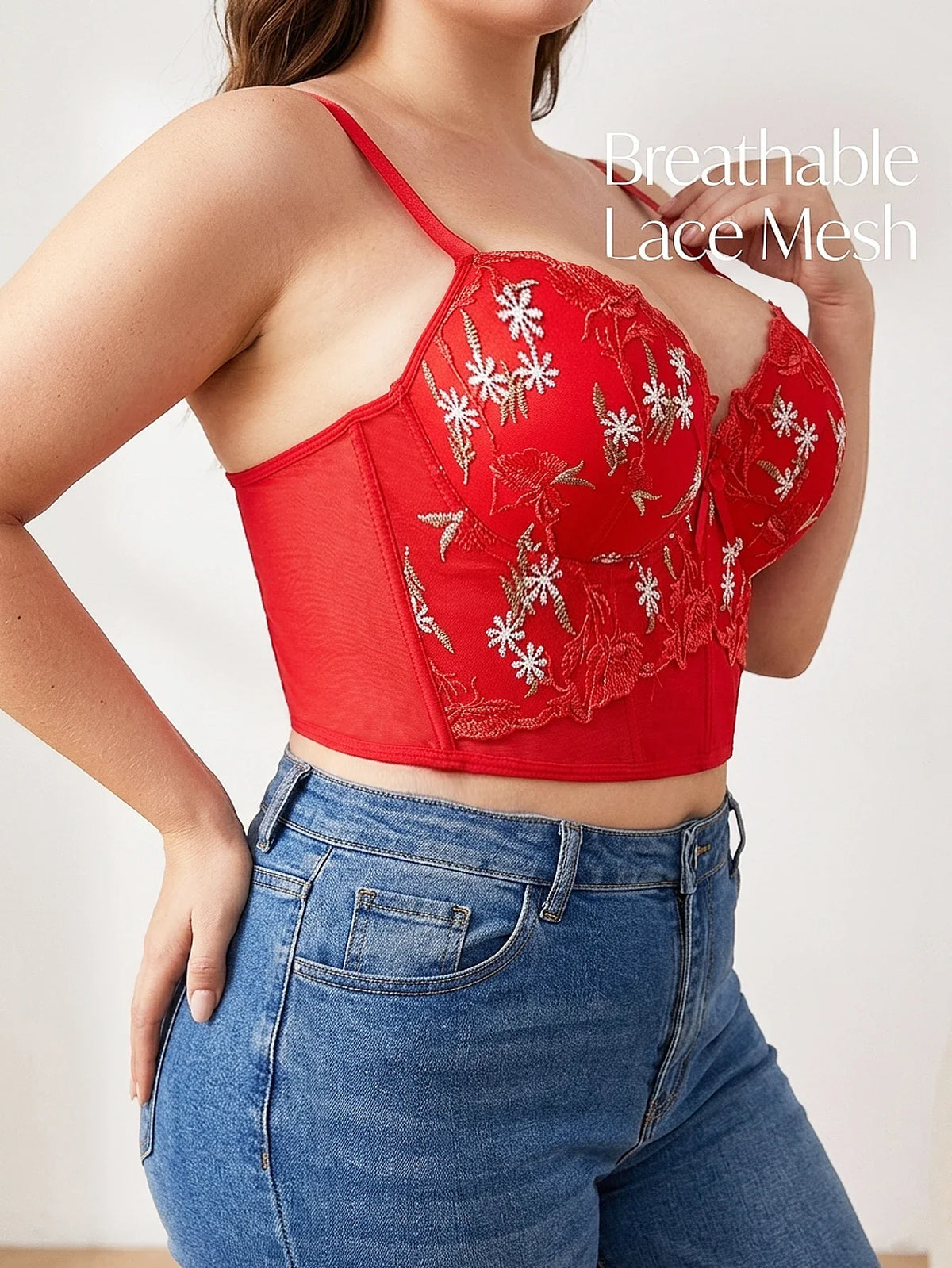 Plus Size Floral Embroidered Lace Bustier Bra – Push Up, Tummy Control &amp; Non-Slip Corset Top