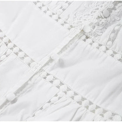 Elegant Lace Patchwork Hollow Out Dress Women Solid V-neck Long Lantern Sleeve Loose Dresses 2025 Spring Vacation Lady Robes