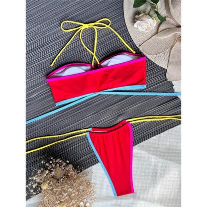 Splicing Wrap Around Bandage Halter Bikini Female Swimsuit Women Swimwear Two-Pieces Bikini Set Bather Bathing Suit Swim V3882