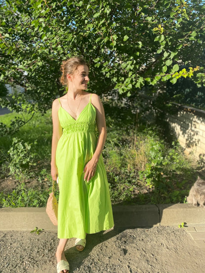 Foridol Elastic Smocking Green Cotton V Neck Summer Women&