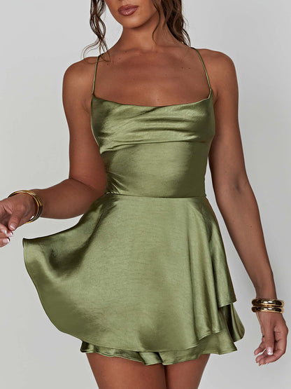 Satin Silk Women Sexy Cami Playsuits Dress Solid Cowl Neck Sleeveless Short Jumpsuits Summer Cross Tie-Up Backless Romper