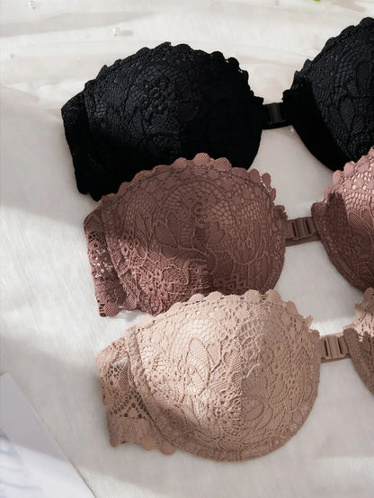 3Pcs Lace Women Strapless Bra Stylish Front Buckle Push up Bra Invisible Off-Shoulder Underwire Bras Women