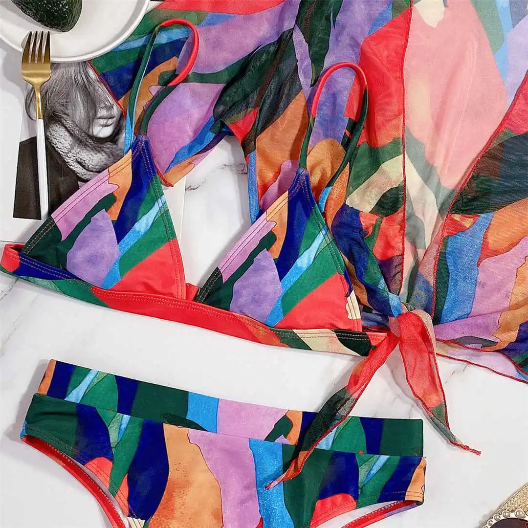 S - XXL Colorful Print High Waist Bikini Female Swimsuit Women Swimwear Three-Pieces Bikini Set Bather Bathing Suit Swim V2805