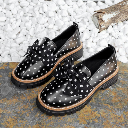 Women Polka‑Dot Bow Platform Loafers Round‑Toe Slip‑On Lug‑Sole PU Leather Contrast Stitching Vintage Casual Daily Shoes