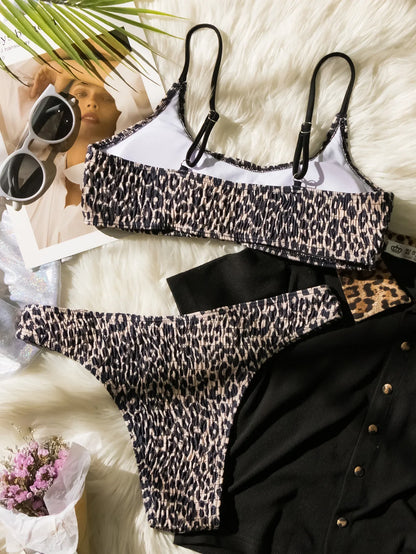 DEKA Leopard Bikinis Set Woman Wrinkled Bandeau Two Pieces Thong Swimsuits Beachwear Bathing Suit Print Swimwear Biquini