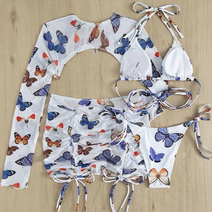 White Butterfly Print Swimwear Cover Up Bikinis Sets 3 Pieces Sexy Swimsuit Women 2026 Beach Wear Halter String Triangle Bikini