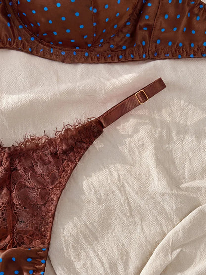 French Retro Brown Satin Lingerie Set Polka Dot Lace Splicing Women&
