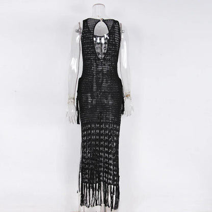 S- XL Sexy Hollow Out Fringe Tassel Knitted Crochet Tunic Beach Cover Up Cover-ups Beach Dress Beach Wear Beachwear Female V3800