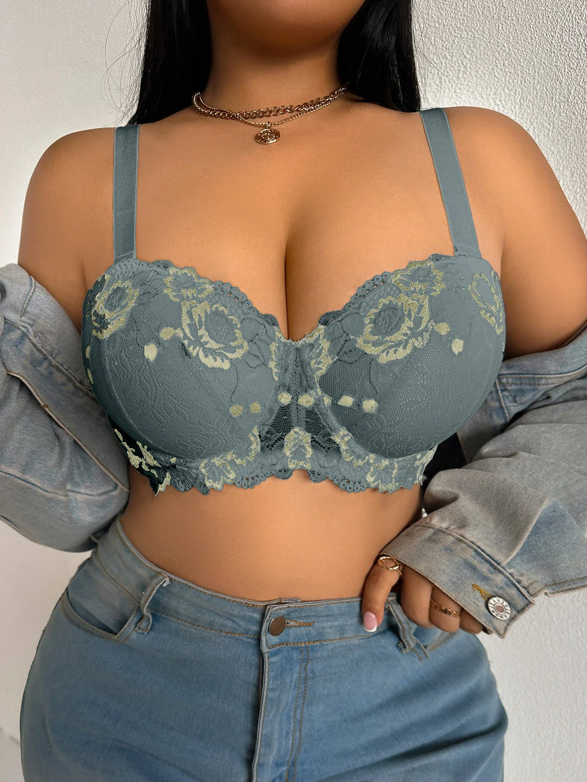Daily Wide Strap Plus Size Women Bra Lace &amp; Embroidery Push up Bra Comfort Thin Cup Underwire Support Lingerie Bra