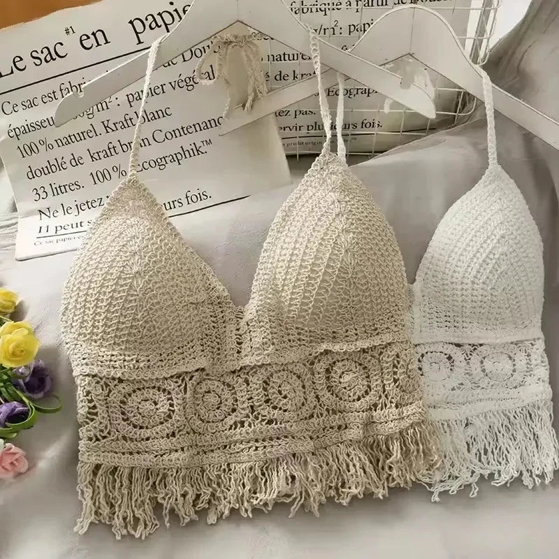 Boho Crochet Halter Top for Women Summer Beach Knit Crop Top with Tassels Backless Sleeveless Bralette