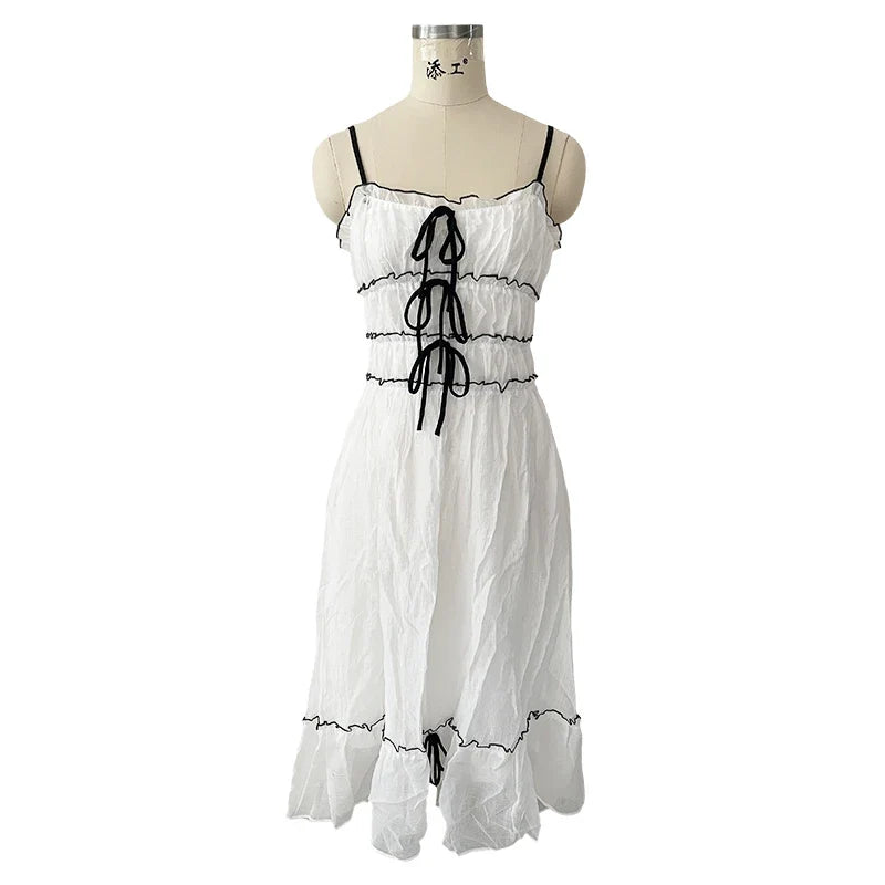 Foridol Spaghetti Strap White Sundress Flounced Edge Women&
