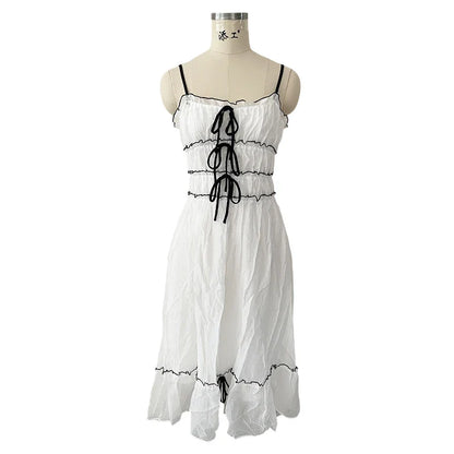 Foridol Spaghetti Strap White Sundress Flounced Edge Women&