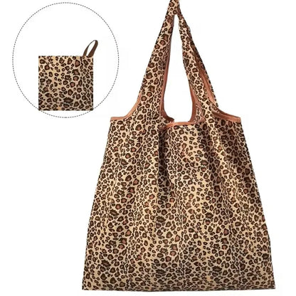 Leopard Print Large Capacity Handbag For Women Folding Shopping Bag For Daily Errands