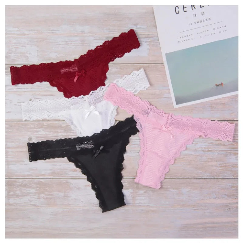 1pcs Low Waist Sexy Lace Elegant Lady Thongs Underwear Solid Breathable Sexy Lingerie Floral Female Panties Bow Women&