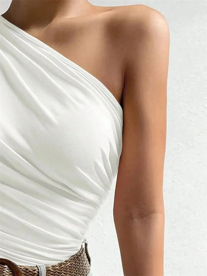 Women One Shoulder Pleated Tank Top Summer Solid Sleeveless Ruched T-shirt Streetwear Off the Shoulder Top