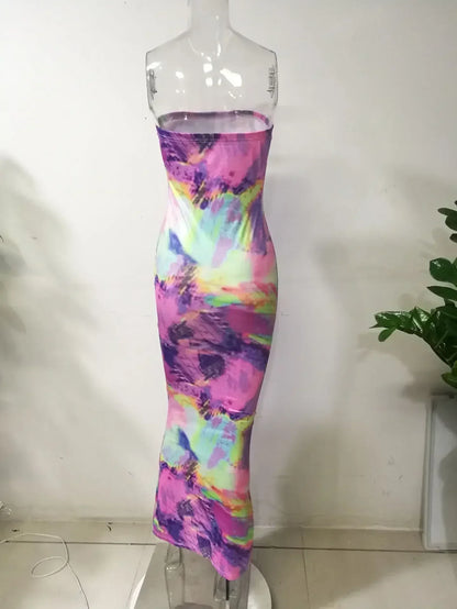 Spring And Summer Dresses For Women Chest Wrap Printed Off Shoulder Bandage Slim Sexy Long Dress 2023 New Fashion party MsChuh