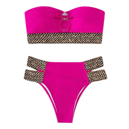 2Pcs/Set Women Bikini Set Ring Connection Off Shoulder Bathing Suit Elastic Waistband Backless High Cut Lady Beach Bikini Suit