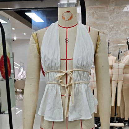 Women’s Solid Color Halter Tank Tops Summer Fashionable Sleeveless Backless Ruched Tie Front Vest