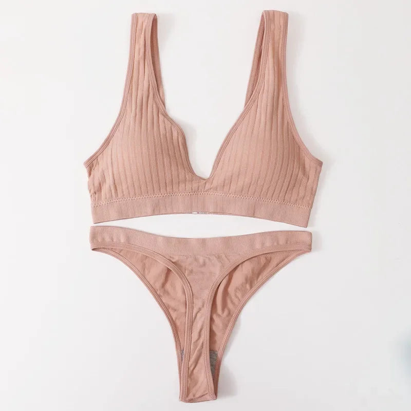 Women Seamless Bra And Panties Set Push Up Bras High Leg Cut Thongs Sport Wireless Brassiere Sexy Lingerie Ribbed Underwear