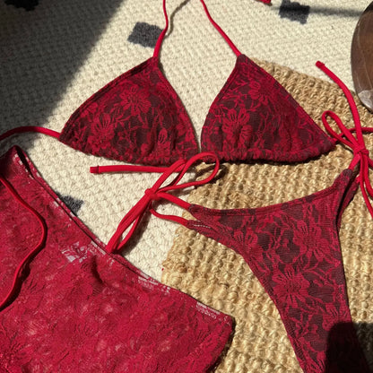 Sexy Lace Micro Mini String Halter Tie Bikinis Sets 3pcs with Ruffles Mini Skirt Black Red Color Swimwear Swimsuit Bathing Suit