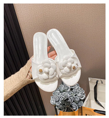 High End Luxury Flower Slippers Women Camellia Shoes Open Toe Slides Femme Outside&amp;Home Pantuflas Sandals Ladies Flip Flops