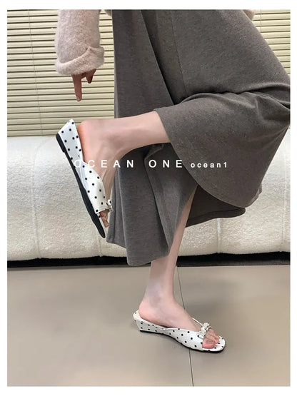 2026 New Polka Dot Wedges Heels Women Slippers Fashion Open Toe Butterfly-knot Party Dress Slide Summer Outdoor Daily Wear Shoes