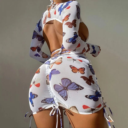 White Butterfly Print Swimwear Cover Up Bikinis Sets 3 Pieces Sexy Swimsuit Women 2026 Beach Wear Halter String Triangle Bikini