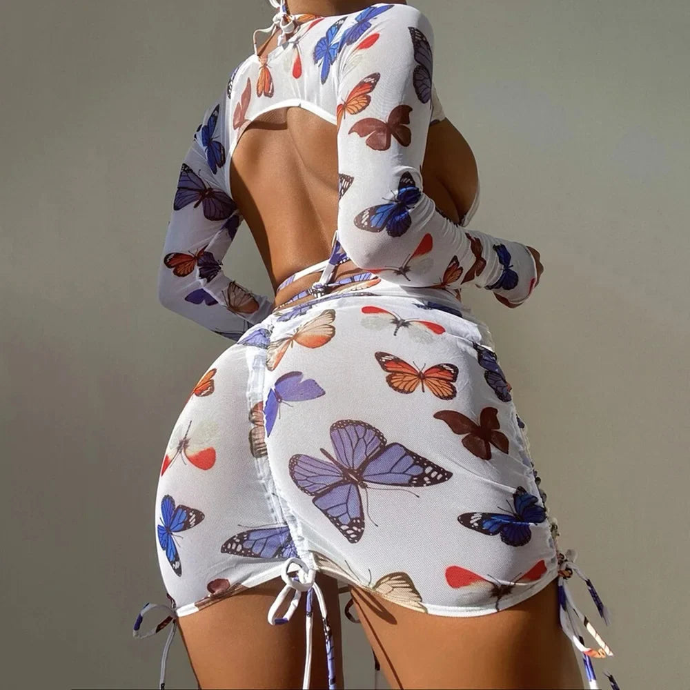 White Butterfly Print Swimwear Cover Up Bikinis Sets 3 Pieces Sexy Swimsuit Women 2026 Beach Wear Halter String Triangle Bikini