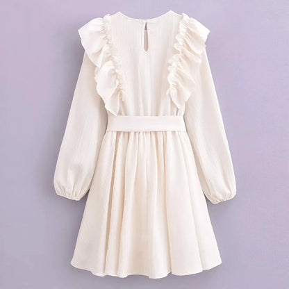 Foridol Ruffles Tierred Beige Lantern Sleeve Women&