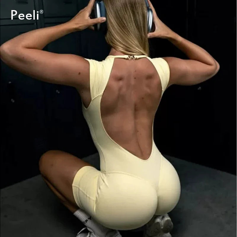 Flutter Sleeve One Piece Yoga Set Women Backless Yoga Enterito Gym Set Seamless Sports Jumpsuit Bodysuit Workout Shorts Romper