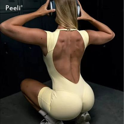 Flutter Sleeve One Piece Yoga Set Women Backless Yoga Enterito Gym Set Seamless Sports Jumpsuit Bodysuit Workout Shorts Romper